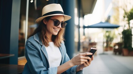 Happy young woman using smartphone.