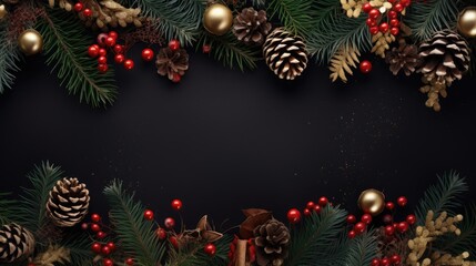 Christmas stone background with snow fir tree, gift box and decor. Top view with copy space