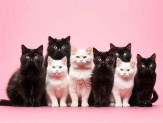 Group of different breeds of cats on pink background. Сats with black and white fur.
