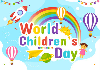 World Children's Day Vector Illustration on 20 November with Kids and Rainbow in Children Celebration Cartoon Bright Sky Blue Background Design