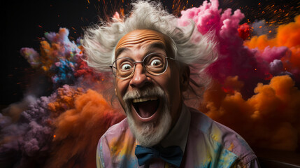 Delightful, elderly man with wild hair, laughing heartily post-explosion, vivid studio backdrop for a comedic and emotional visual treat.