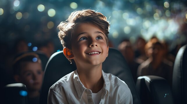 Little boy in a white shirt watching a movie for the first time in a movie theater, looking excited at the screen because he has discovered something new.