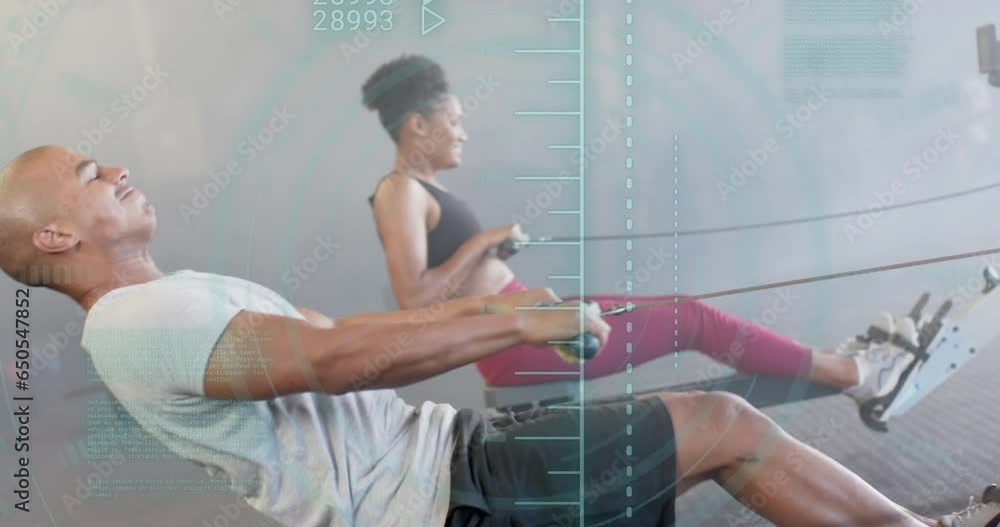 Aufkleber animation of processing data over diverse group training on rowing machines at gym