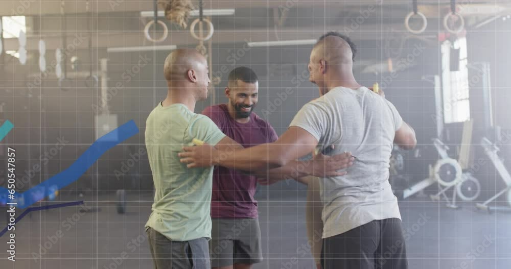 Poster animation of graph processing data over diverse fitness group embracing and stacking hands at gym