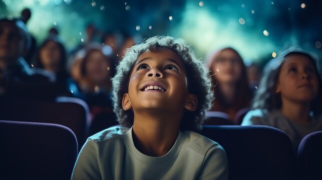 Little Boy In A White Shirt Watching A Movie For The First Time In A Movie Theater, Looking Excited At The Screen Because He Has Discovered Something New.