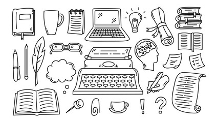 Book writer doodles set. Hand drawn black line art icons for storytelling, library, bookstore, creativity, journalism concept design
