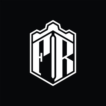 recommend clip art: FR Letter Logo monogram hexagon shield shape crown castle with outline style design