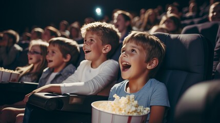 Little boy in a white shirt watching a movie for the first time in a movie theater, looking excited...