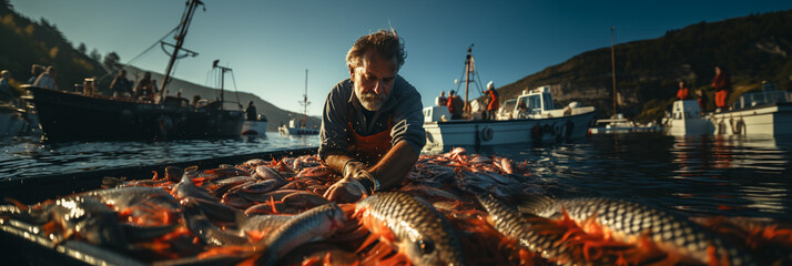 Fisherman in a fishing boat. Industrial fishing. - obrazy, fototapety, plakaty