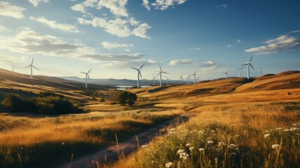 natural landscape with clean energy generated by wind turbines, turbines rotating by the strong wind - obrazy, fototapety, plakaty