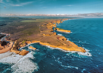 Aerial view of the Blowhole and Mutton Bird Island, Great Ocean Road, Victoria, Australia