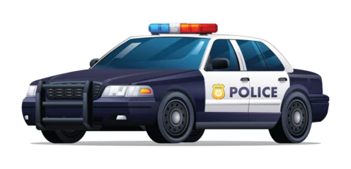 Gordijnen Police car vector illustration. City patrol official vehicle, sedan car isolated on white background © YG Studio