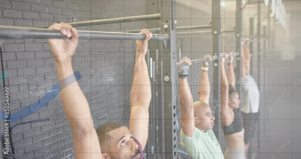 Aufkleber animation of graph processing data over diverse group on pull up bars cross training at gym