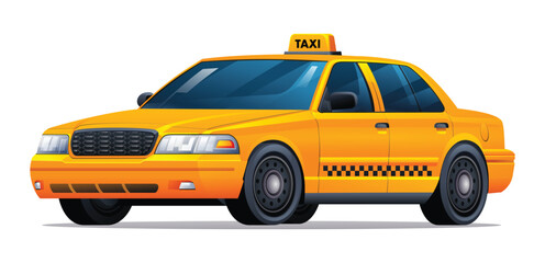 Yellow taxi car vector illustration isolated on white background - obrazy, fototapety, plakaty
