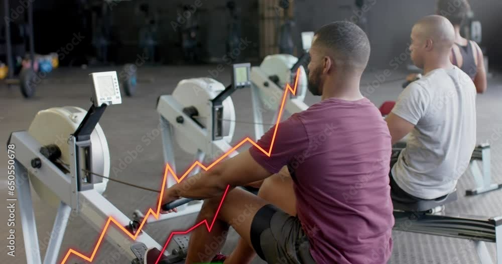Aufkleber animation of graph processing data over diverse group training on rowing machines at gym