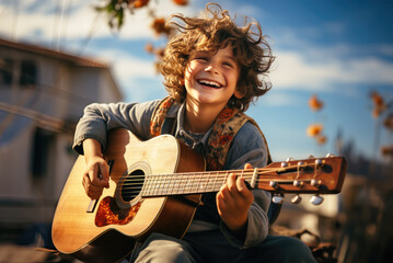 a young kid playing an guitar - 650551643