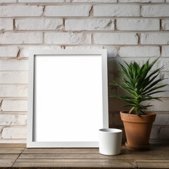  A white frame hanging on a brick wall with a plant 
