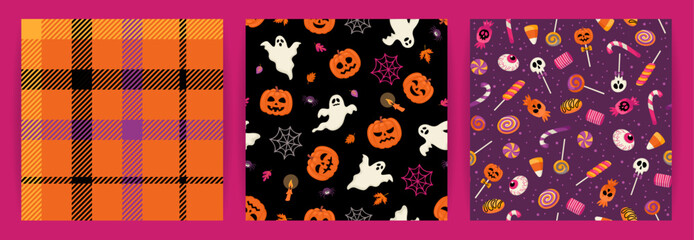 Halloween backgrounds. Vector seamless patterns with Halloween symbols.