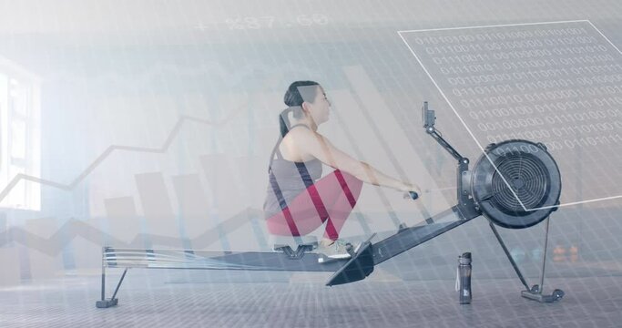 Animation of interface processing data over caucasian woman training on rowing machine at gym