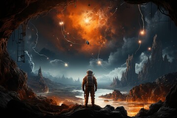 an astronaut standing in a barren area with a bright light coming from behind - obrazy, fototapety, plakaty