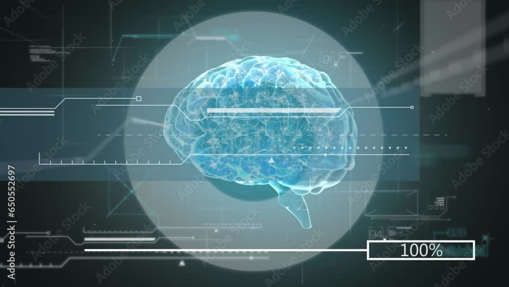 Poster animation of loading bars with changing numbers, human brain and computer language