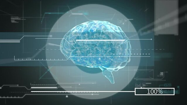 Animation of loading bars with changing numbers, human brain and computer language
