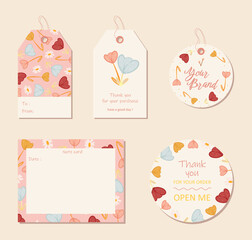 set of hang tags, note card, thank you sticker label with cute colorful flowers concept, suitable for gift packaging, branding design and other project for your small business