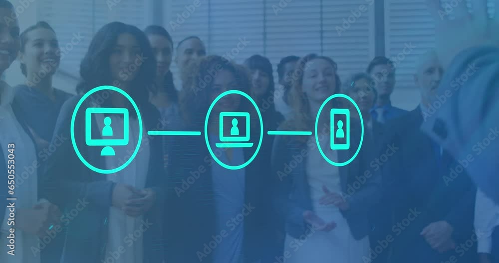Poster animation of flowchart of icons over diverse manager giving speech and coworkers clapping in office