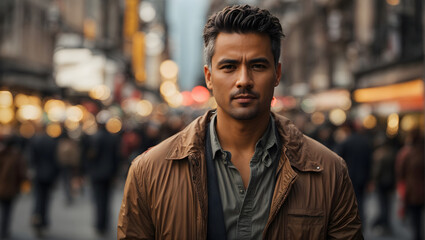 Fototapeta premium In the heart of the city's daytime vibrancy, a suave and fashionable man stands tall on a bustling street, his captivating style drawing attention, with the surrounding urban scene artfully blurred