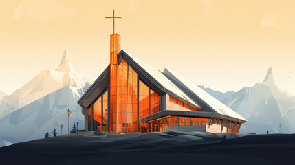 Christian architecture. Illustration of a modern church in the mountains. 