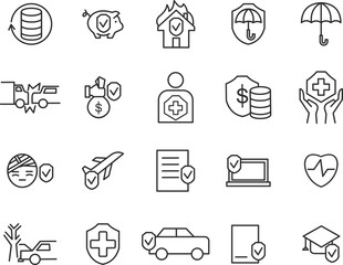 Insurance and assurance icon set. Containing healthcare medical, life, car, home, travel insurance icons.
