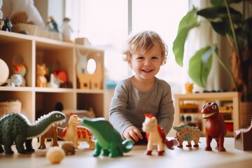 Naklejka premium happiness joyful kid boy fun playing with his toy dinosaur friend on floor in living room at home