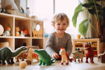 Fotobehang Dinosaurus happiness joyful kid boy fun playing with his toy dinosaur friend on floor in living room at home
