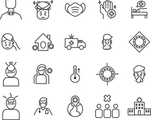 Flu disease prevention, cold symptoms flat line icons set. Fever headache sneeze, sore throat vector illustrations. Outline signs medical healthcare infographic.
