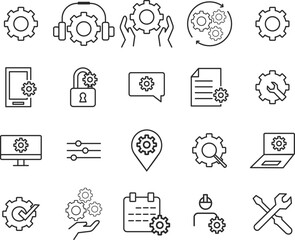 Vector set of setup line icons. Contains icons settings, installation, maintenance, update, download, configuration, options, restore settings and more.