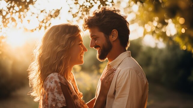 romantic lovers couple marry standing eye contact look at each other with love happiness and joyful summertime in garden backyard sunset moment