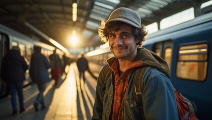 stylish hipster solo traveller male adult man happiness cheerful stading in railway train platform station terminal waiting for arrival train sunset moment - obrazy, fototapety, plakaty
