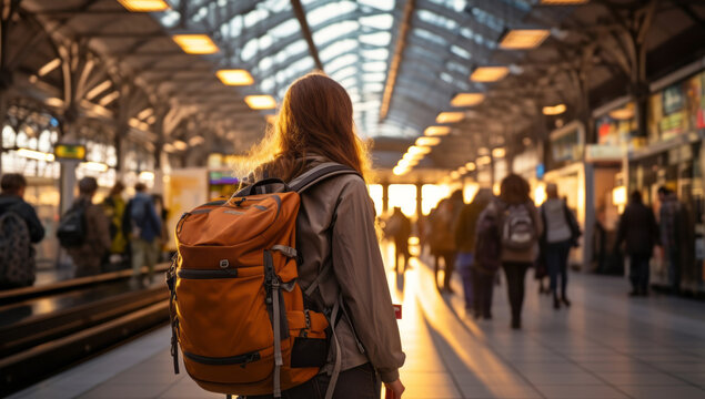 rear view of solo traveller female woman backpack voyage ready to travel by trian railroad vehicle transport she waiting for train schedule at platform train station