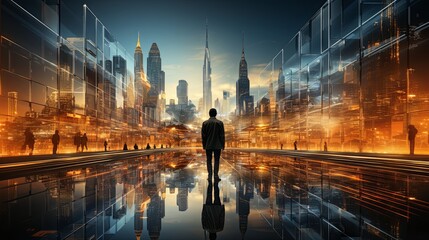 businessman standing in modern skycraper high office building night city scapebokeh light vision and mission business strategy ideas concept - obrazy, fototapety, plakaty