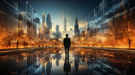 Fotobehang businessman standing in modern skycraper high office building night city scapebokeh light vision and mission business strategy ideas concept © VERTEX SPACE
