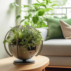 A green spherical air filter with plants on top
