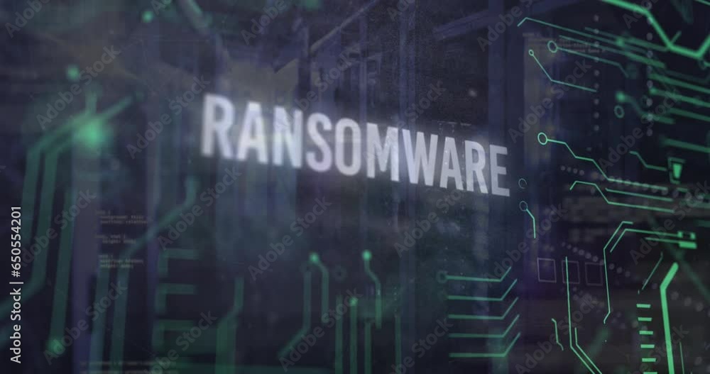 Poster animation of ransomware text, computer language, binary codes, circuit board pattern, server room