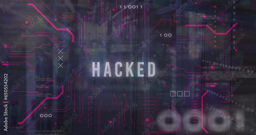 Poster animation of hacked text, binary codes and computer language, circuit board pattern over server room