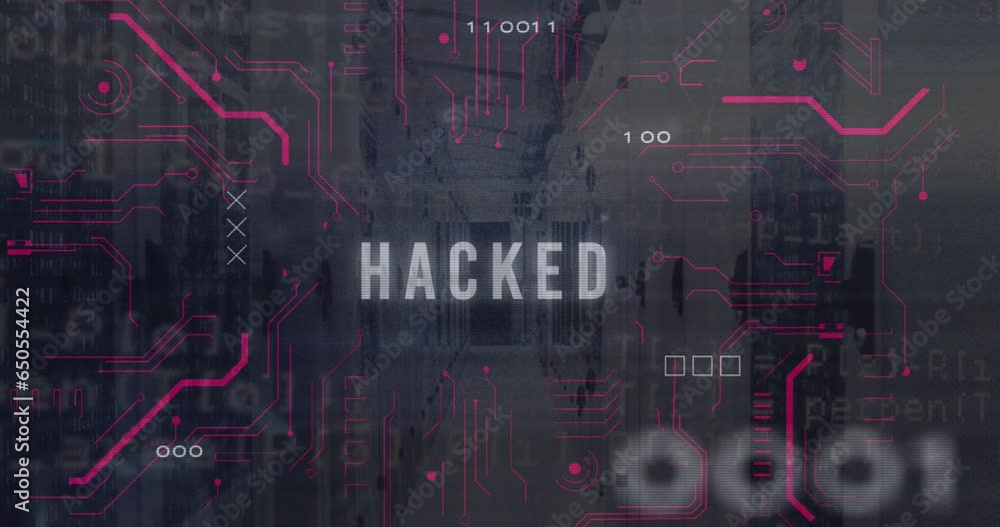Poster animation of hacked text, computer language, binary codes, circuit board pattern over server room