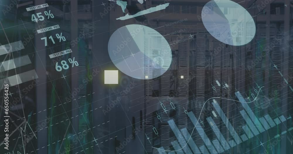 Poster animation of infographic interface over connected dots over data server racks in server room