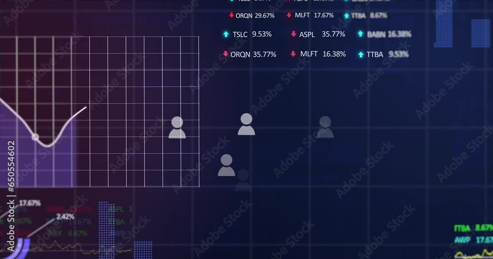 Poster animation of icons, multiple graphs, trading boards and computer language over black background