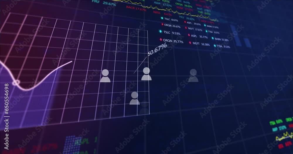 Aufkleber animation of icons, multiple graphs, trading boards and computer language over black background