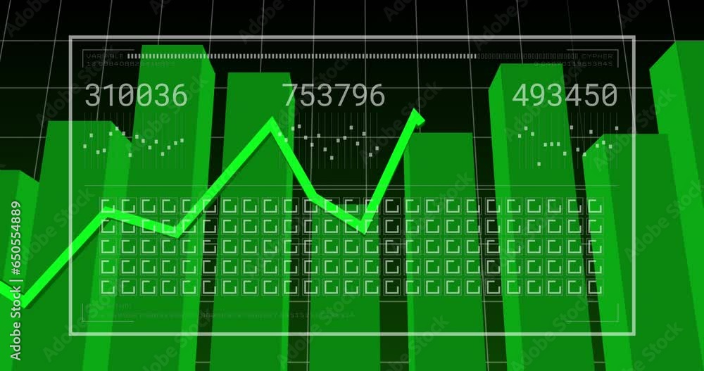 Poster Animation of graphs, changing numbers, loading bar, squares over grid pattern and graphs