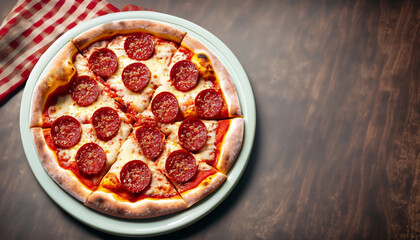 Top view of traditional Italian pepperoni pizza on a wooden table
