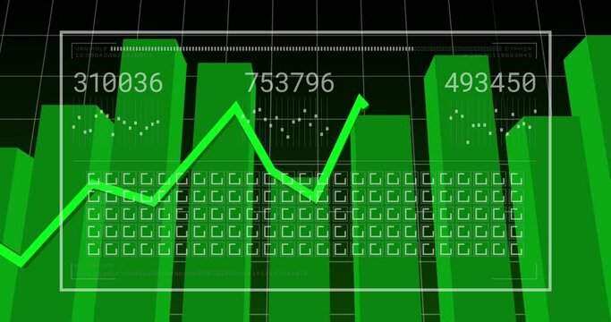 Animation of graphs, changing numbers, loading bar, squares over grid pattern and graphs